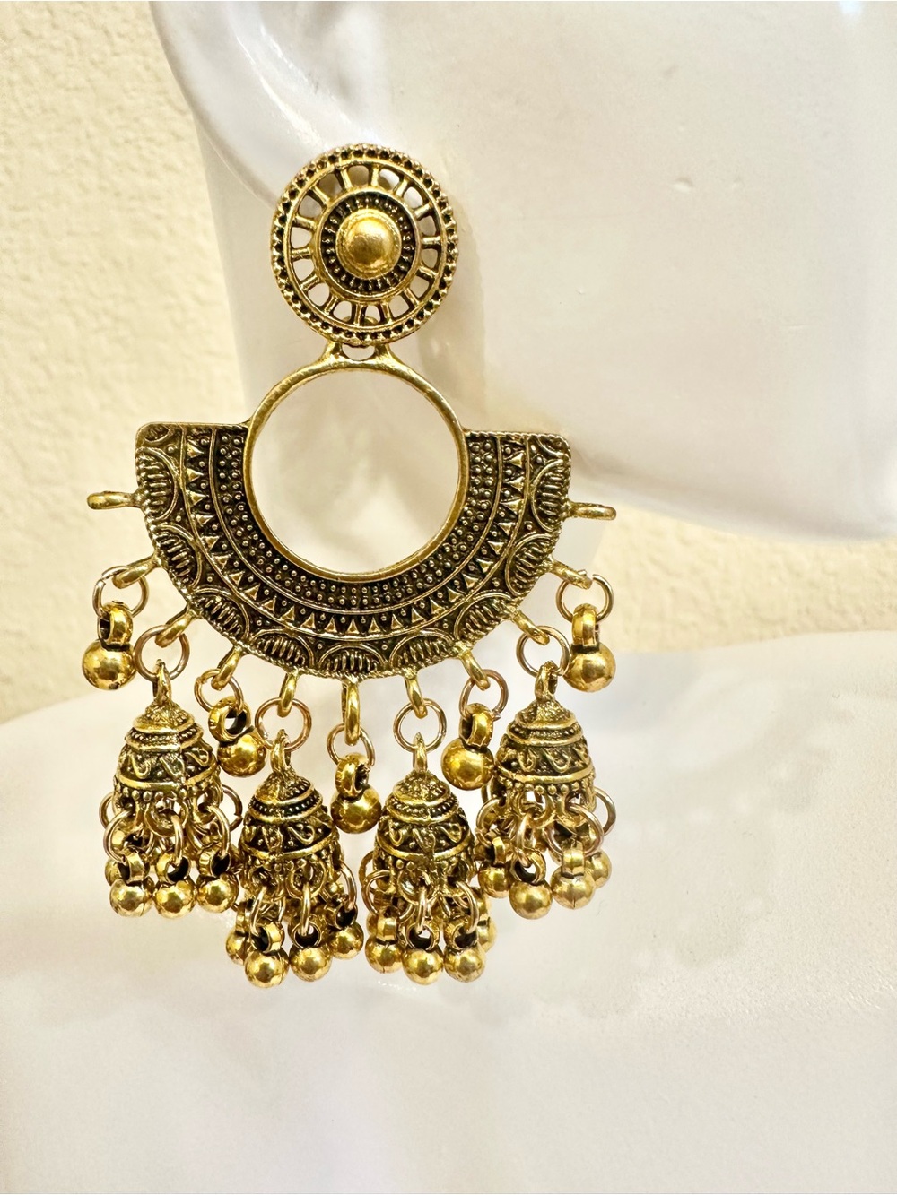 Fashion Jewelry Gold Filigree Chandbali Earrings with Jhumka Bells - Picture 2 of 4